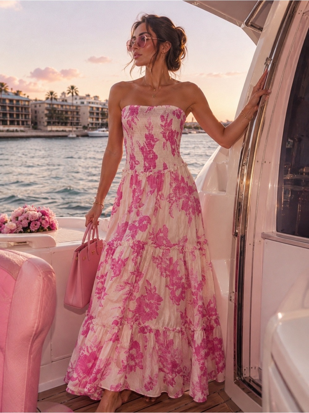 Abel the label Strapless Pink Floral Tiered Maxi Dress